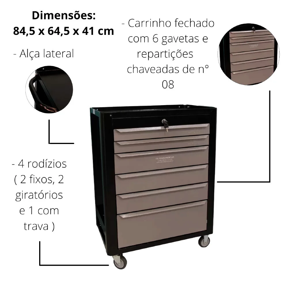 Carrinho Oficina Fercar 65x41x85 6 Gaveta C8 Preto/Cinza